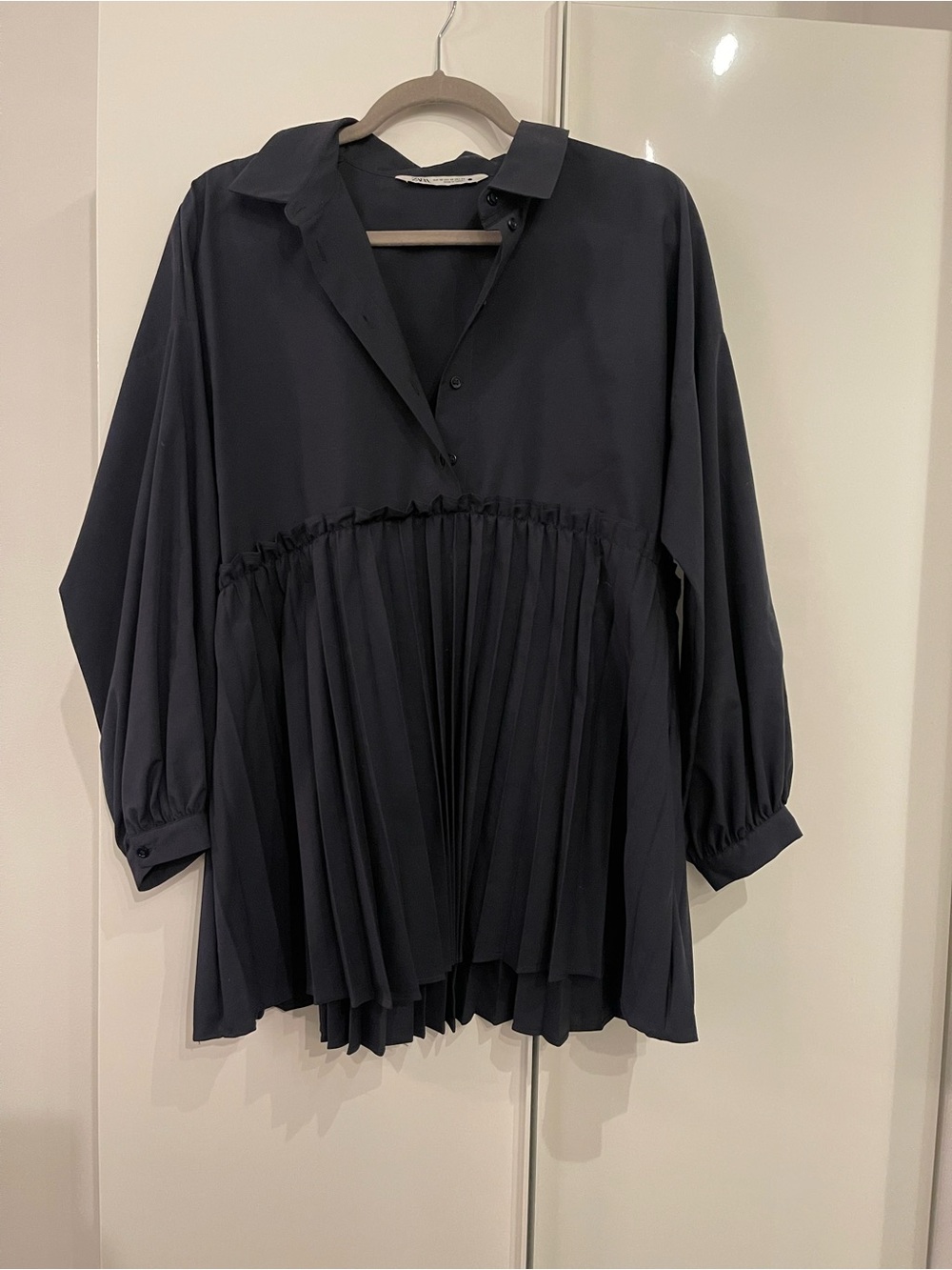Zara Navy Pleated Panel Blouse